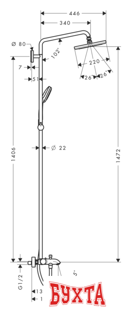 Душевая система  Hansgrohe Croma 220 Showerpipe для ванны 1406 мм (27223000)