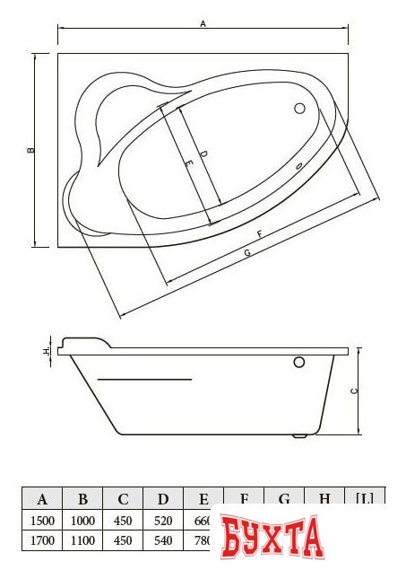 Ванна Bonito Home Rosa 170x110R (с ножками)