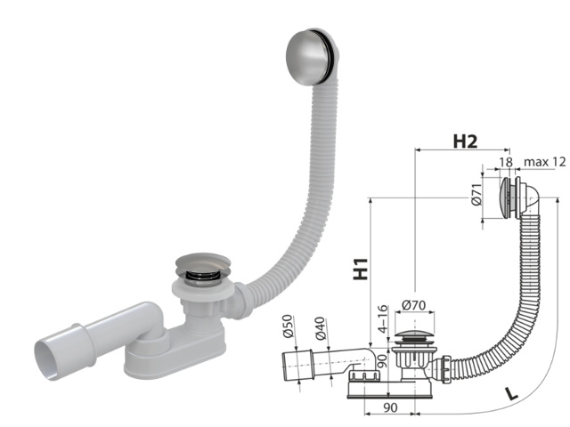 Сифон для ванны click/clack металл, Alcaplast, арт.A504CKM-BL-01 (Беларусь)