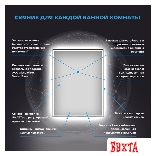 Мебель для ванных комнат Wellsee Зеркало с фронтальной LED-подсветкой 7 Rays' Spectrum 172201300, 70 х 85 см (с сенсором и регулировкой яркости освещения)