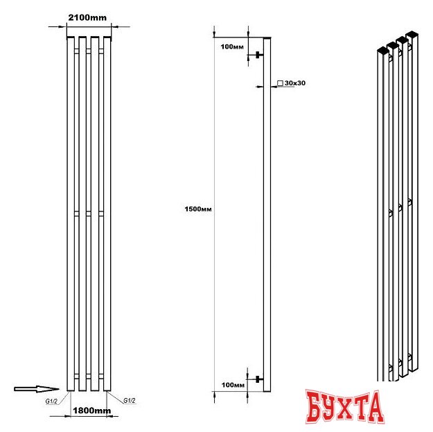 Полотенцесушитель Ростела Слим 1/2" 4 перекладины 18x150 см (черный)