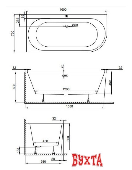 Ванна Polimat Sola 160x75 L 00041 (графит)