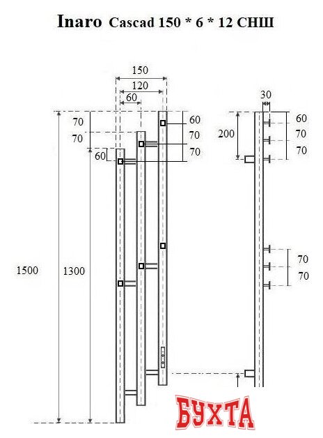 Полотенцесушитель Маргроид Ferrum Inaro 3 Cascade СНШ 150*6*12 Графит, скрытого монтажа, таймер справа