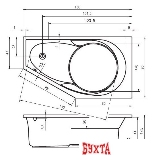 Ванна Riho Yukon 160x90 BA35 (левая, без ножек)