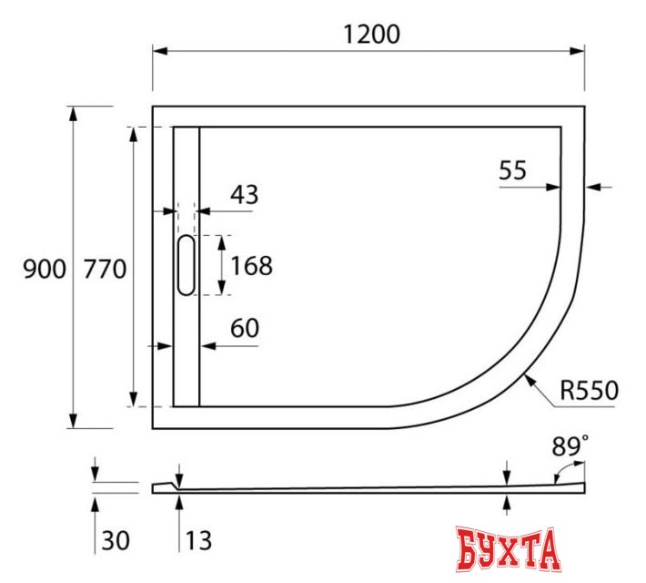 Душевой поддон Cezares TRAY-AS-RH-120/90-550-30-W-L