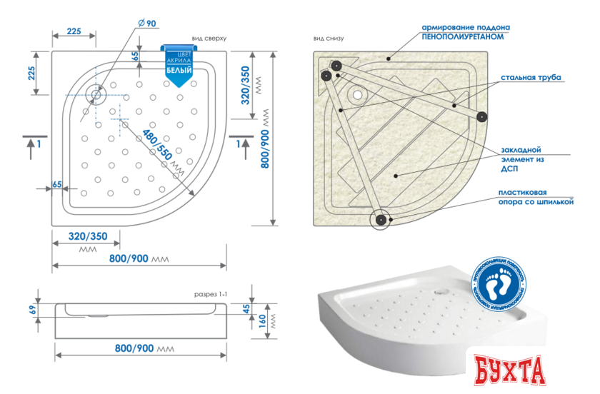 Душевой поддон Метакам Classic N 80x80 АПS_011736 (закругленный)