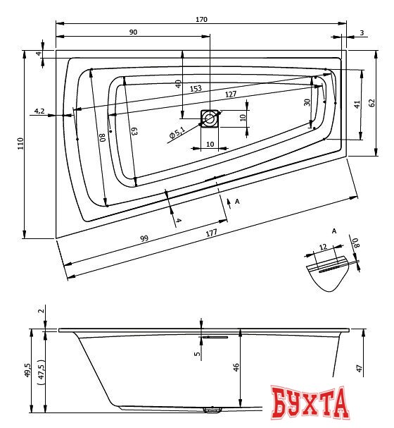 Ванна Riho Still Smart Led 170x110 BR0400500K00130 (левая, без ножек)