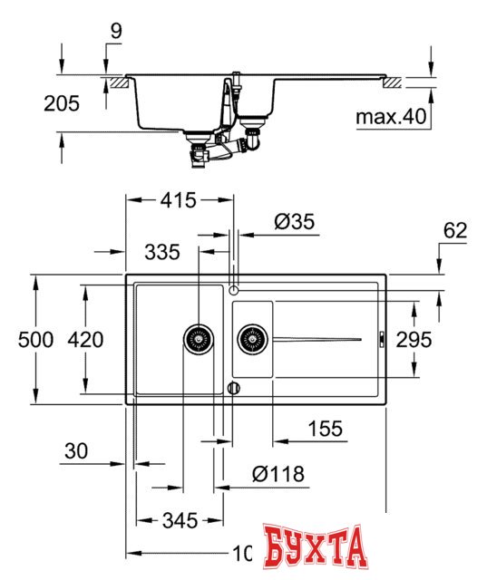 Кухонная мойка Grohe K400 60-C 100/50 1.5 31642AP0 (черный гранит)