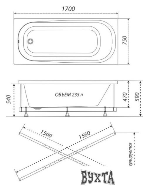 Ванна Triton Дина гидромассажная 170x75 Комфорт