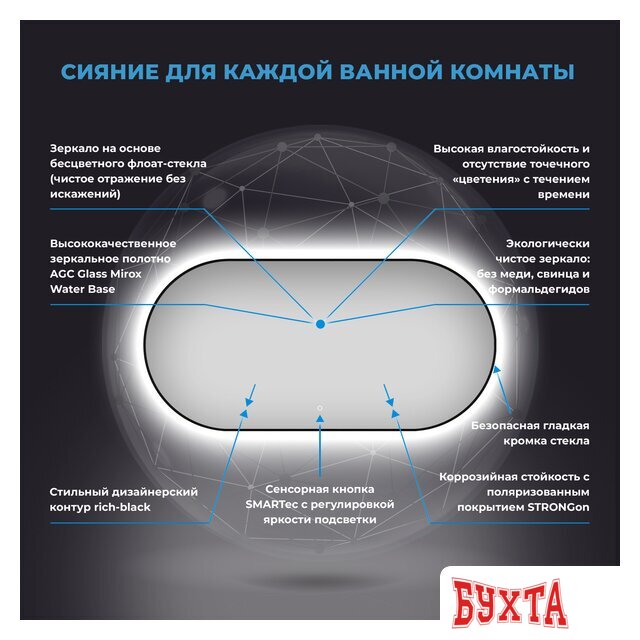 Мебель для ванных комнат Wellsee Зеркало с фоновой LED-подсветкой 7 Rays' Spectrum 172201550, 100 х 55 см (с сенсором и регулировкой яркости освещения)