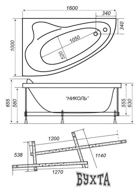 Ванна Triton Николь гидромассажная 160x100R Базовая