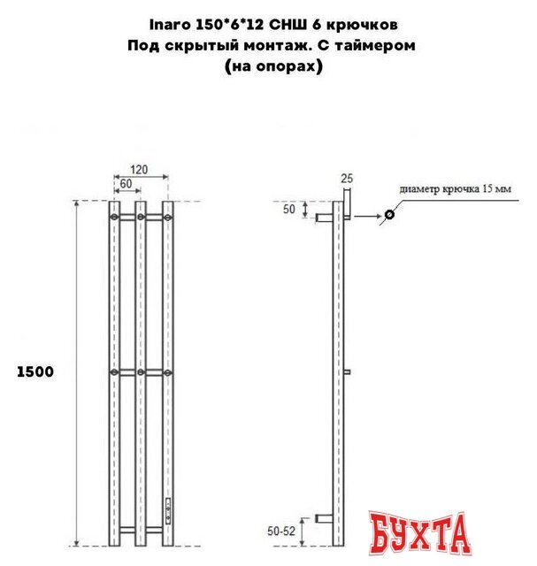 Полотенцесушитель Маргроид Ferrum Inaro СНШ 150x6 6 крючков (черный матовый, таймер справа)