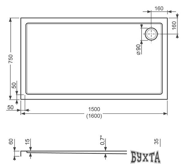 Душевой поддон Roth Flat Kvadro Rectangle 160x75 [8000244]