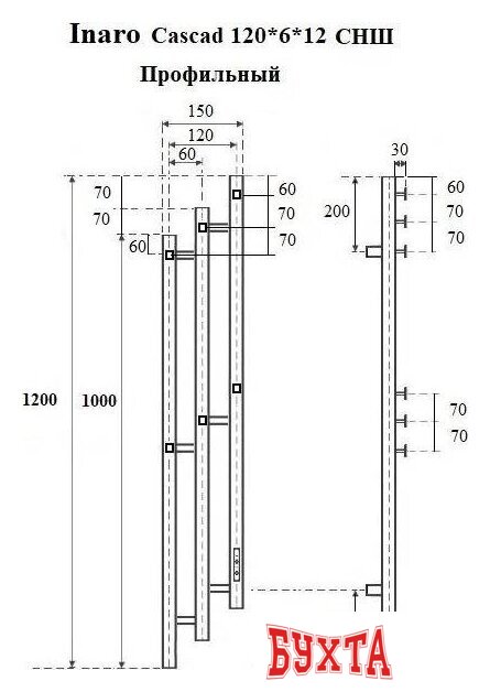 Полотенцесушитель Маргроид Ferrum Inaro 3 Cascade СНШ профильный 120*6*12 Белый матовый, скрытого монтажа, таймер справа