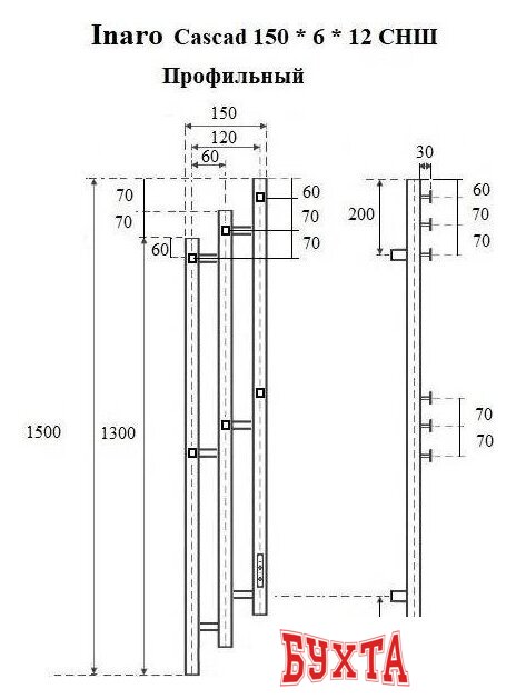 Полотенцесушитель Маргроид Ferrum Inaro 3 Cascade СНШ профильный 150*6*12 Черный матовый, скрытого монтажа, таймер справа