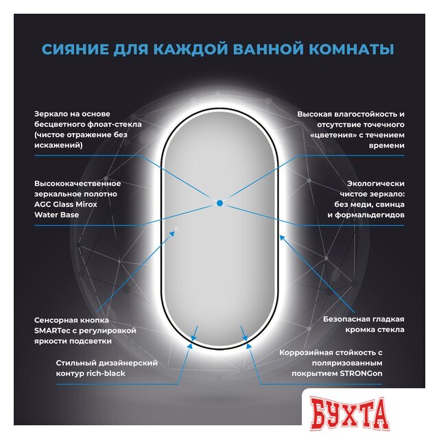 Мебель для ванных комнат Wellsee Зеркало с фронтальной LED-подсветкой 7 Rays' Spectrum 172201620, 55 х 100 см (с сенсором и регулировкой яркости освещения)