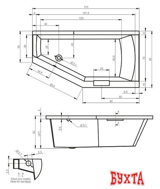 Ванна Riho Geta 170x90 BA88005 (правая, с ножками и экраном)