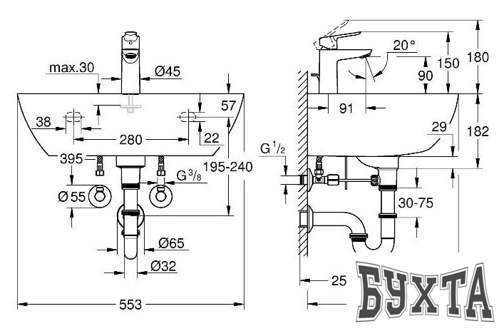 Умывальник Grohe Bau 39471000 (со смесителем)