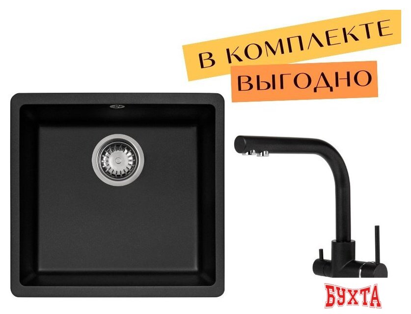 Кухонная мойка Aquasanita Fast SQF 102 + cмеситель Akvaduo 2663 L (черный металлик 601)