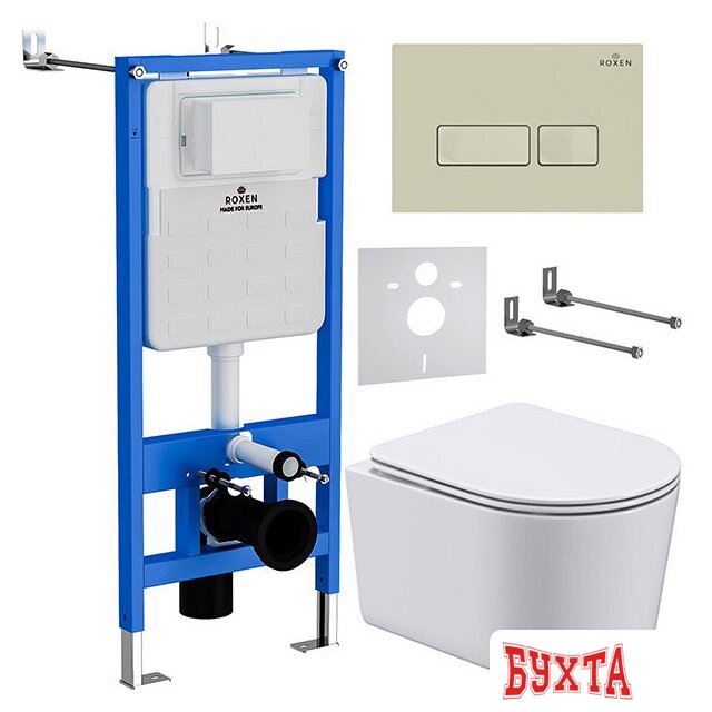 Унитаз подвесной Roxen Simple Compact в комплекте с инсталляцией StounFix Slim 6 в 1 966686 (кнопка: бежевый)