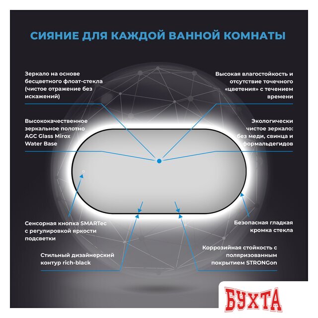 Мебель для ванных комнат Wellsee Зеркало с фоновой LED-подсветкой 7 Rays' Spectrum 172201510, 80 х 40 см (с сенсором и регулировкой яркости освещения)