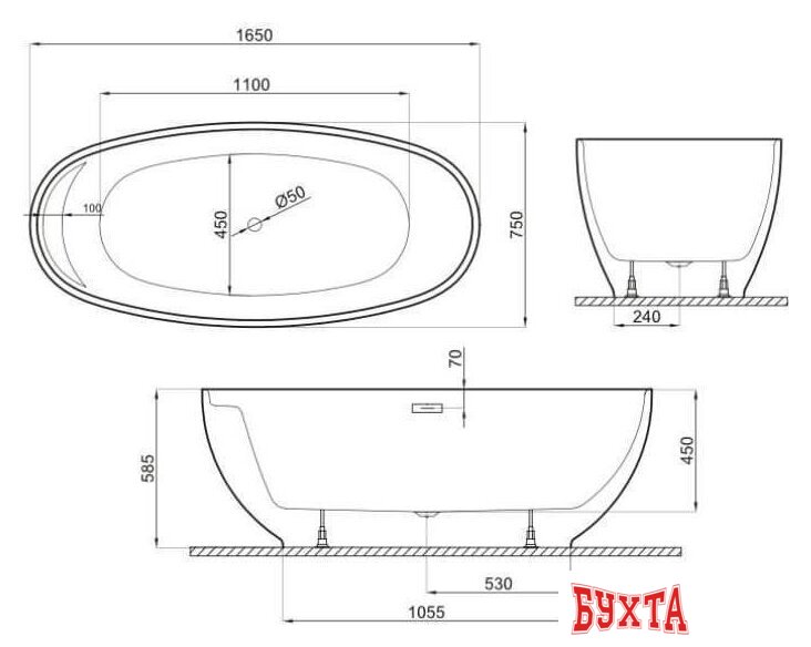 Ванна Polimat Kivi 165x75 (отдельностощая, белый)