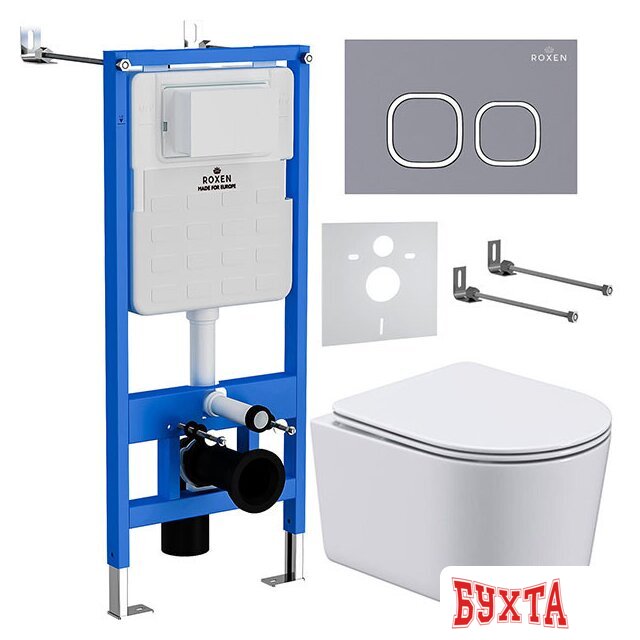 Унитаз подвесной Roxen Simple Compact в комплекте с инсталляцией StounFix Slim 6 в 1 966428 (кнопка: серый бетон)