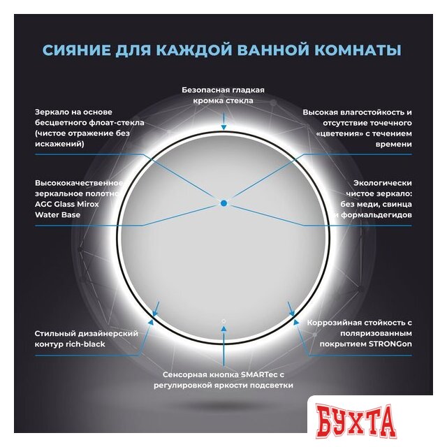 Мебель для ванных комнат Wellsee Зеркало с фронтальной LED-подсветкой 7 Rays' Spectrum 172201790, 55 x 55 см (с сенсором и регулировкой яркости освещения)