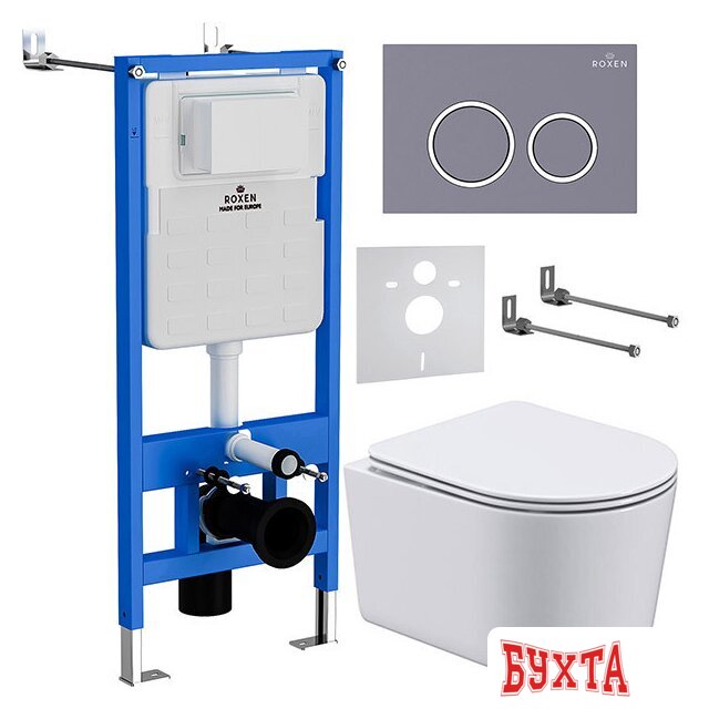 Унитаз подвесной Roxen Simple Compact в комплекте с инсталляцией StounFix Slim 6 в 1 966133 (кнопка: серый бетон)