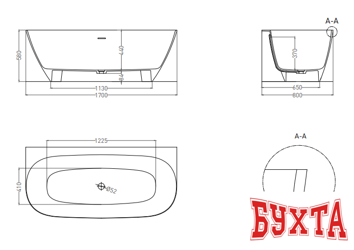 Ванна Umy Home SIDE KIT 170x80 U-Coat UG10811 (белый глянцевый)