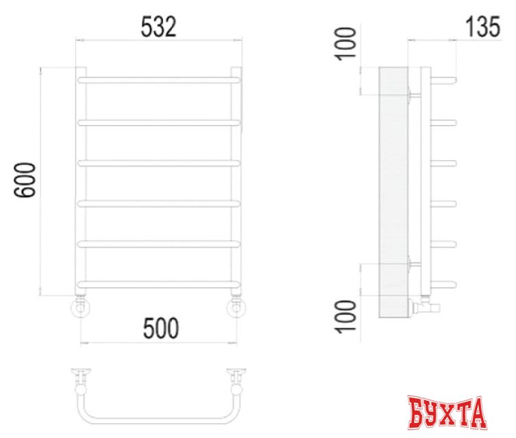 Полотенцесушитель TERMINUS Стандарт П6 500x600 нп (хром)