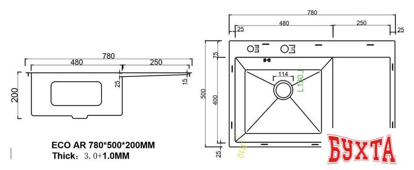 Кухонная мойка ARFEKA ECO AR 780*500 L SATIN