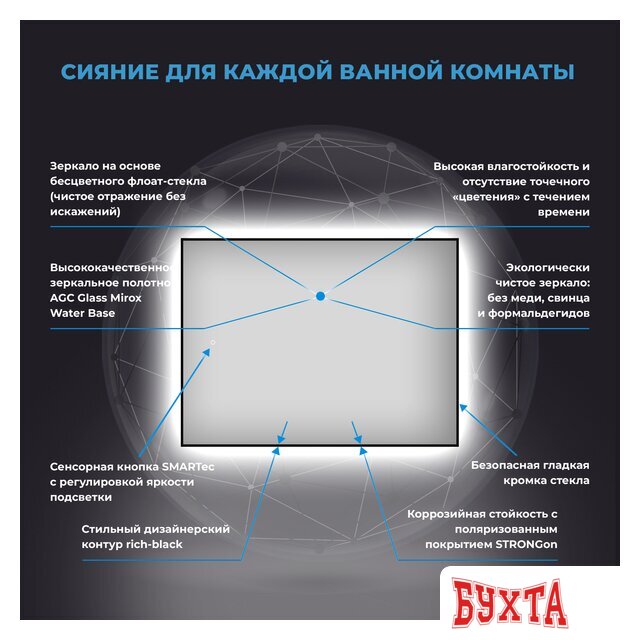 Мебель для ванных комнат Wellsee Зеркало с фоновой LED-подсветкой 7 Rays' Spectrum 172200910, 70 х 55 см (с сенсором и регулировкой яркости освещения)