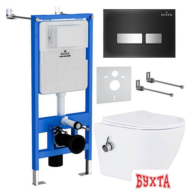 Унитаз подвесной Roxen Antares Bidet в комплекте с инсталляцией StounFix Slim 6 в 1 963184 (кнопка: черное стекло)