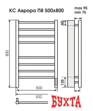 Полотенцесушитель TERMINUS Аврора электро КС П8 с диммером (500x800, черный)
