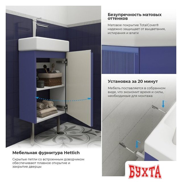 Мебель для ванных комнат Wellsee Тумба под умывальник 3 в 1 WC Area 221804004 (тумба/матовый синий, раковина/глянцевый белый, ножки/нержавеющая сталь)