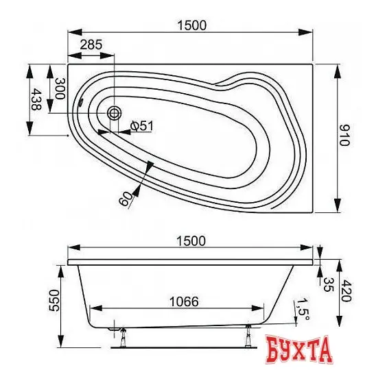 Ванна VagnerPlast Avona 150x90 L (с каркасом и экраном)