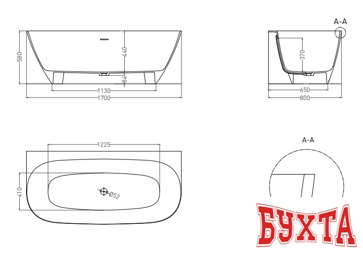 Ванна Umy Home SIDE KIT 170x80 U-Coat UG10811RF (черный глянцевый)