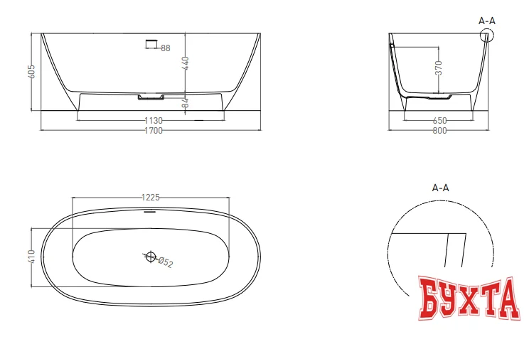 Ванна Umy Home NOA KIT 170x80 U-Coat UG10512RF (черный глянцевый)