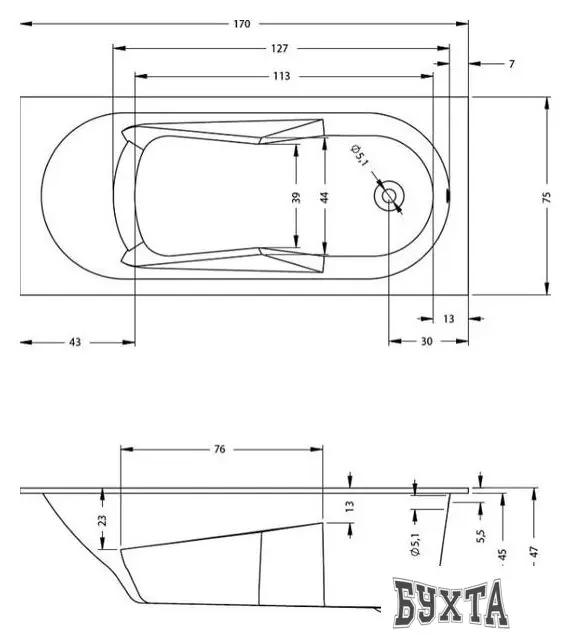 Ванна Riho Lazy 170х75 (без ножек)