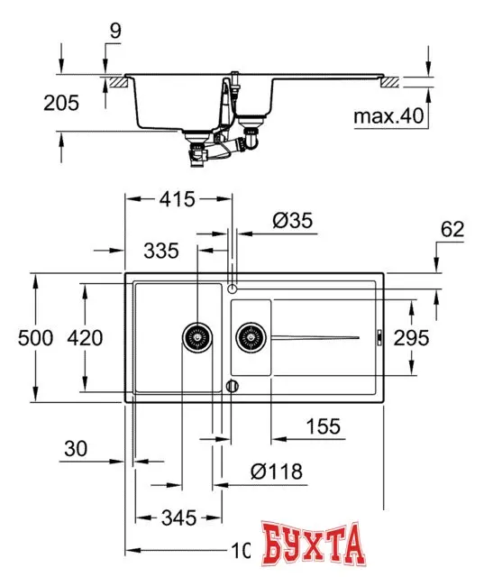 Кухонная мойка Grohe K400 60-C 100/50 1.5 31642AP0 (черный гранит)