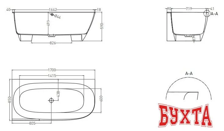 Ванна Umy Home Nook L 170x85 UG11412RF (U-Coat, черный глянцевый)