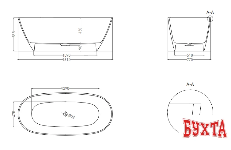 Ванна Umy Home NOA 162x77 U-Coat UG10111RF (черный глянцевый)