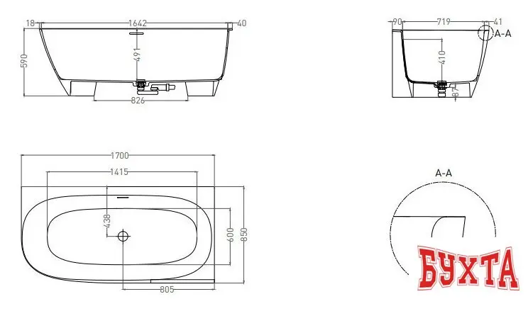 Ванна Umy Home Nook R Kit 170x85 UG11812RF (U-Coat, глянцевый, сифон)