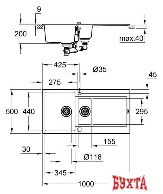 Кухонная мойка Grohe K500 60-C 100/50 1.5 31646AP0 (черный гранит)