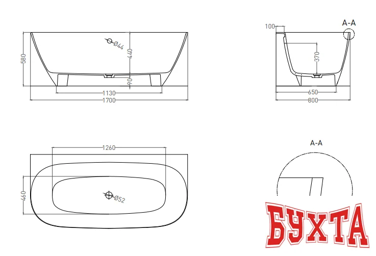 Ванна Umy Home SIDE 170x80 U-Coat UG10711RF (черный глянцевый)