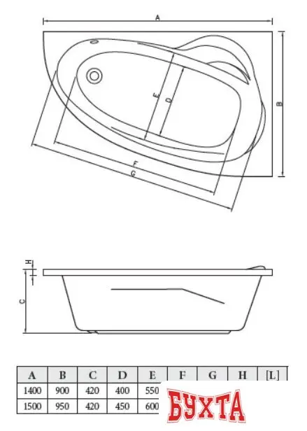 Ванна Bonito Home Emilia 150x95 L (с ножками)