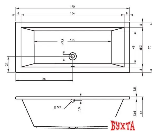 Ванна Riho Lusso 170x75 (без ножек)