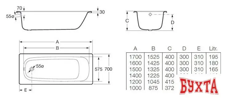 Ванна Roca Contesa 160x70 A235960000 (без ножек)