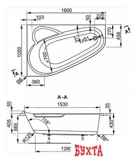 Ванна VagnerPlast Selena 160x105 R (с каркасом и экраном)